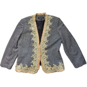 VTG Susanna Embellished Blazer Jacket Lace Trim Beaded Black Gold Size 20 EUC